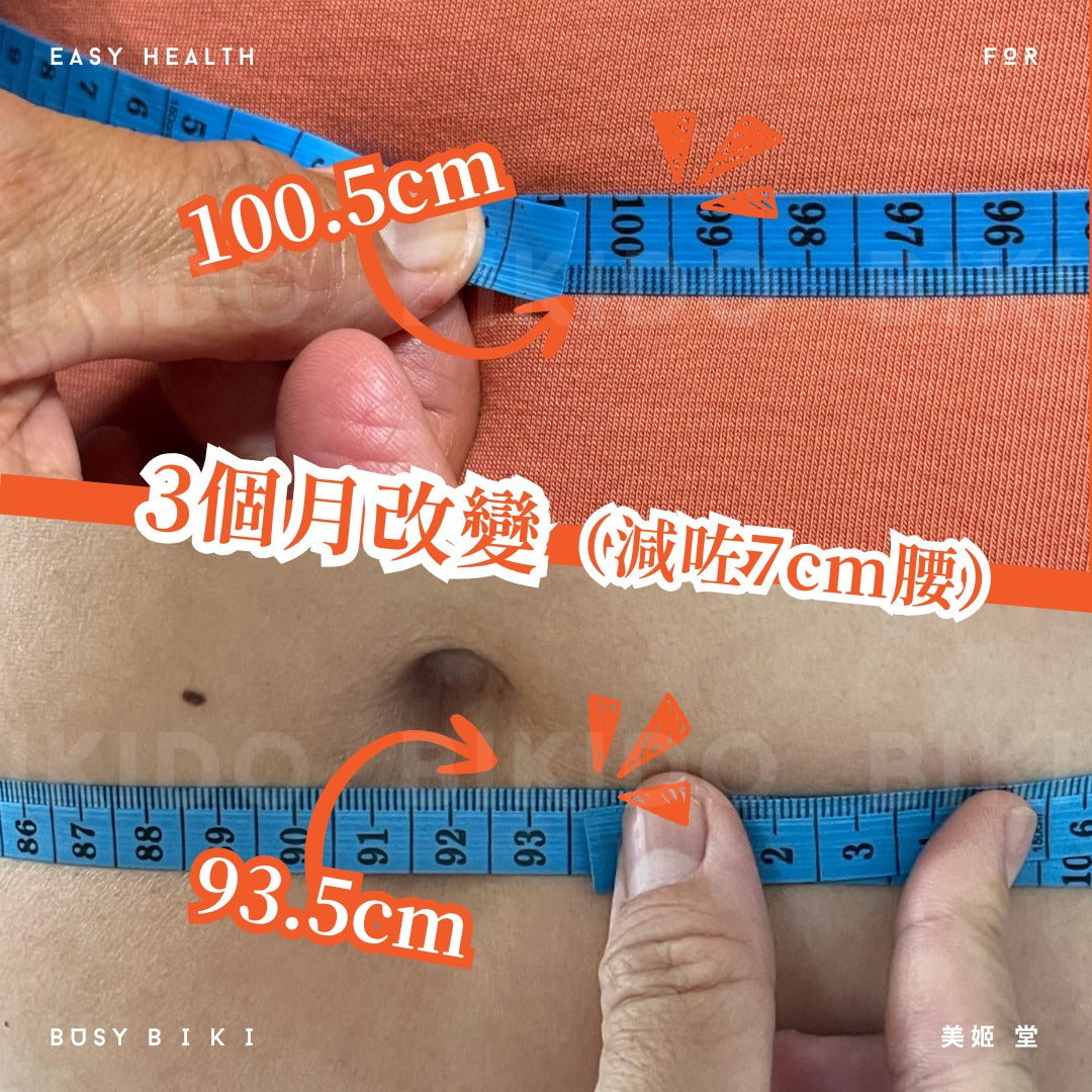 用家自述三個月腰圍量度紀錄，由 100.5cm 至 93.5cm。產品成分天然無添加，不含防腐劑及任何藥性或成癮成分