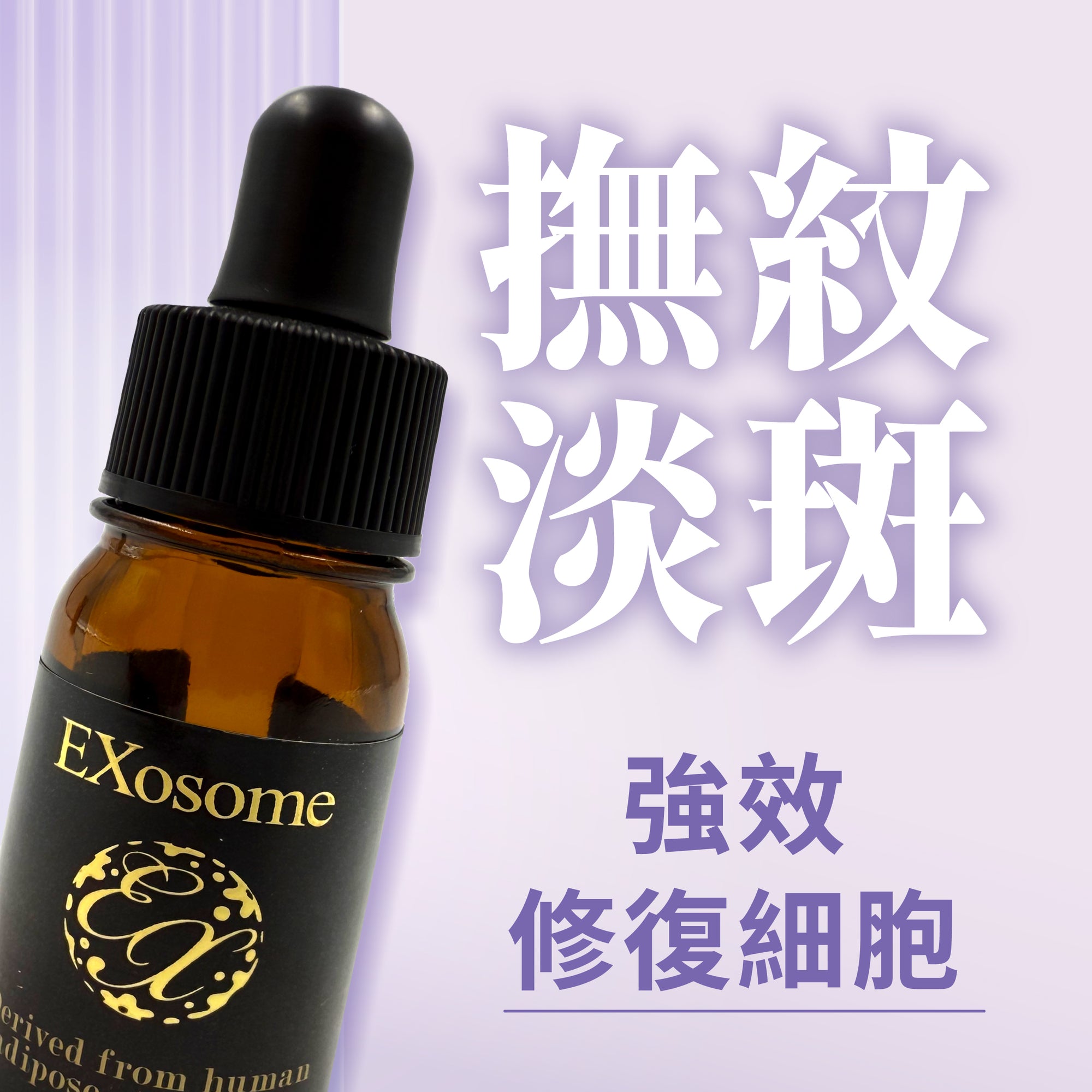 EXOSOME 外泌體原液精華液的琥珀色滴管瓶特寫。外泌體為細胞分泌的微型囊泡，直徑 30 至 150 納米，內含修復所需的蛋白質與 RNA；配方另含 NMN，有助紫外線損害後的復原