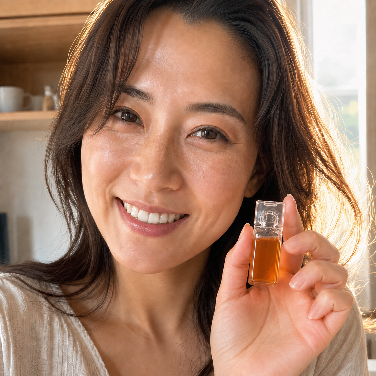 女性在自然光下手持 GMT 抗氧美白飲的琥珀色安瓶並微笑。每支 10ml，含專利原料 Celabio-F 米糠大豆發酵物 100mg 與抗氧化成分 GMT-SOD，不含刺激成分及咖啡因