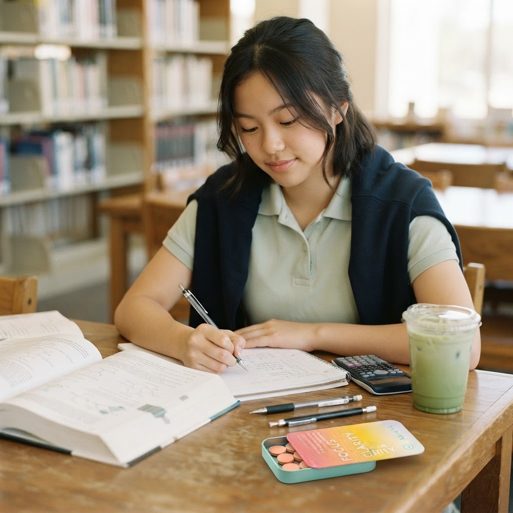 學生在圖書館書桌溫習，桌上有攤開的課本、計算機與冰抹茶，旁邊放著開蓋的 Rejuve+ NOOTROPICS 補腦專注片鐵盒。成分為瓜拿納咖啡因配 L-茶氨酸、鎂、猴頭菇粉及維生素 B6、B12；含咖啡因，建議日間服用