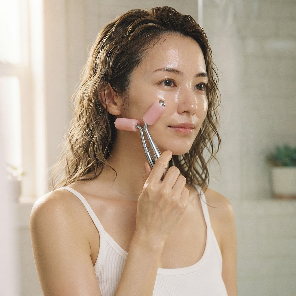 女性以 SERUMANGE 仙度瑞拉負離子機能儀按摩面頰。每邊面部滾動約 3 分鐘，力度輕柔即可，有助消除水腫、提升膚色透亮度